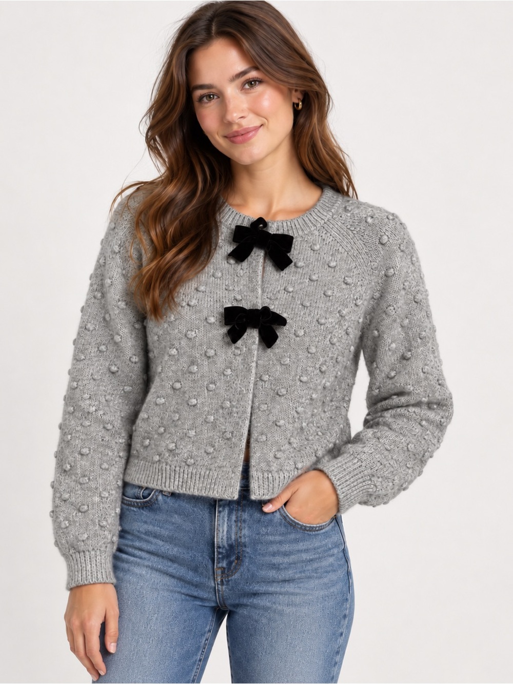 Rachel Zoe Grey Pom-Pom Cardigan with Black Velvet Bows